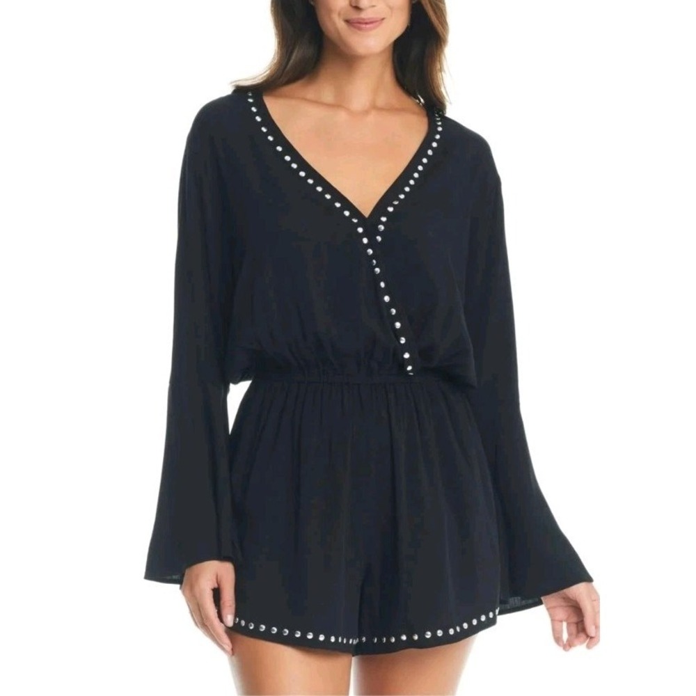 Bar III Women's Tell Me About It Stud Cover-up Romper Black/Silver Size S